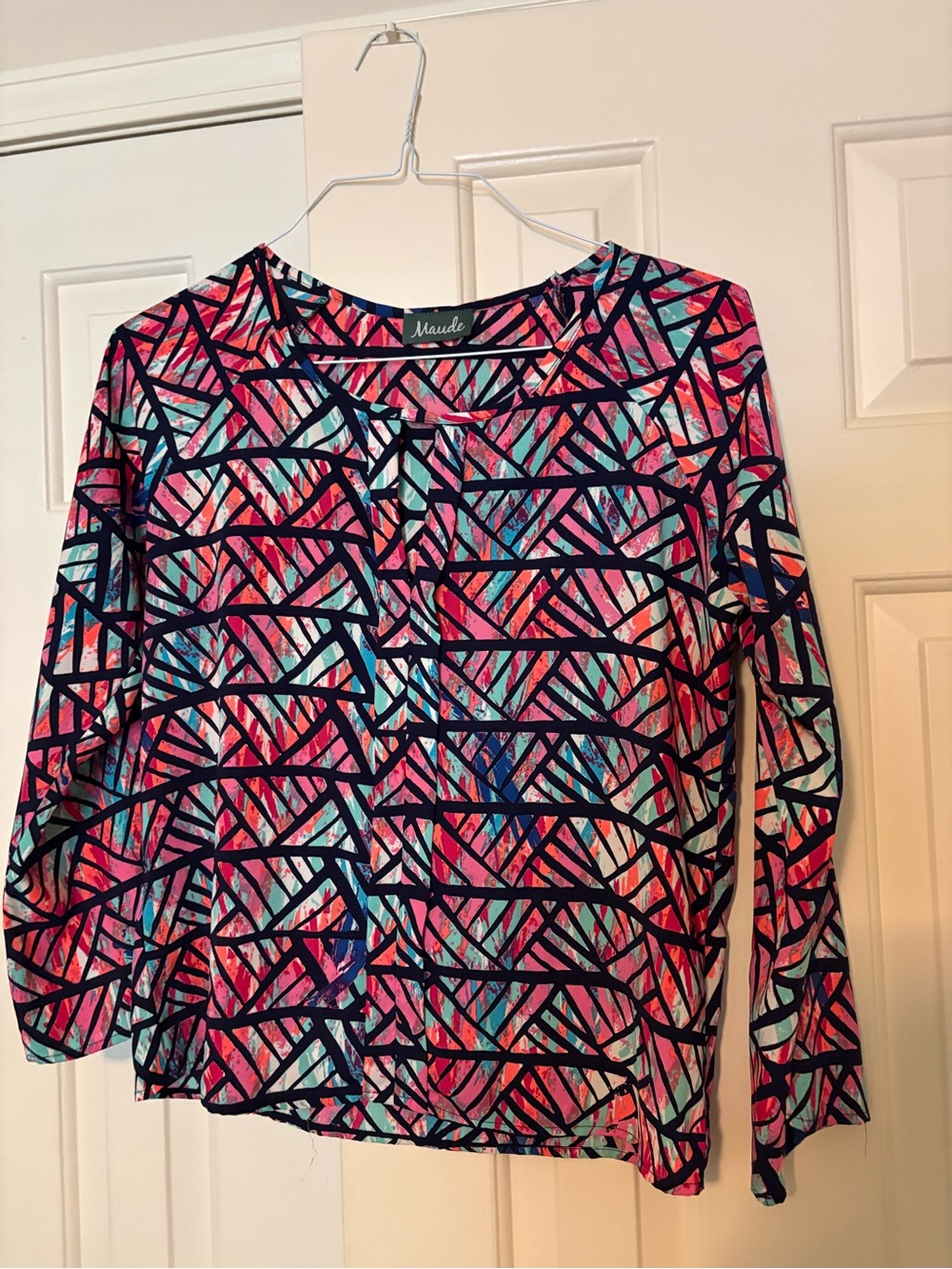 Maude Multi-Color Geometric Print Blouse with Pink Accents